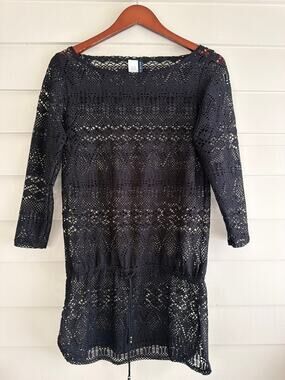 Y2K Ralph Lauren Black Crochet Lace Swim Cover Up Vintage Tunic Dress Small